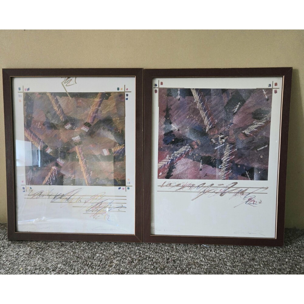Vintage 1980s Coppersmith Signed Abstract Art Prints Pair Pink Lemonade 22"x 17"